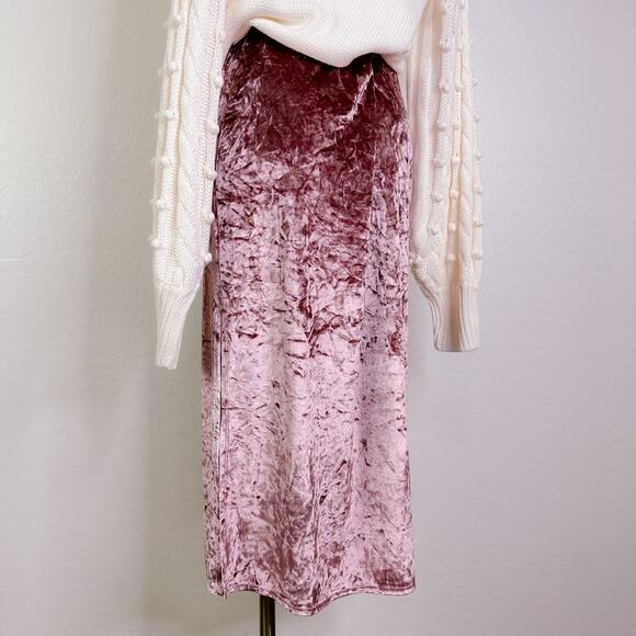 WAYF x Emma Rose Samantha Ruched Crushed Velvet Slit Midi Skirt Pink Medium NWT - Picture 7 of 12